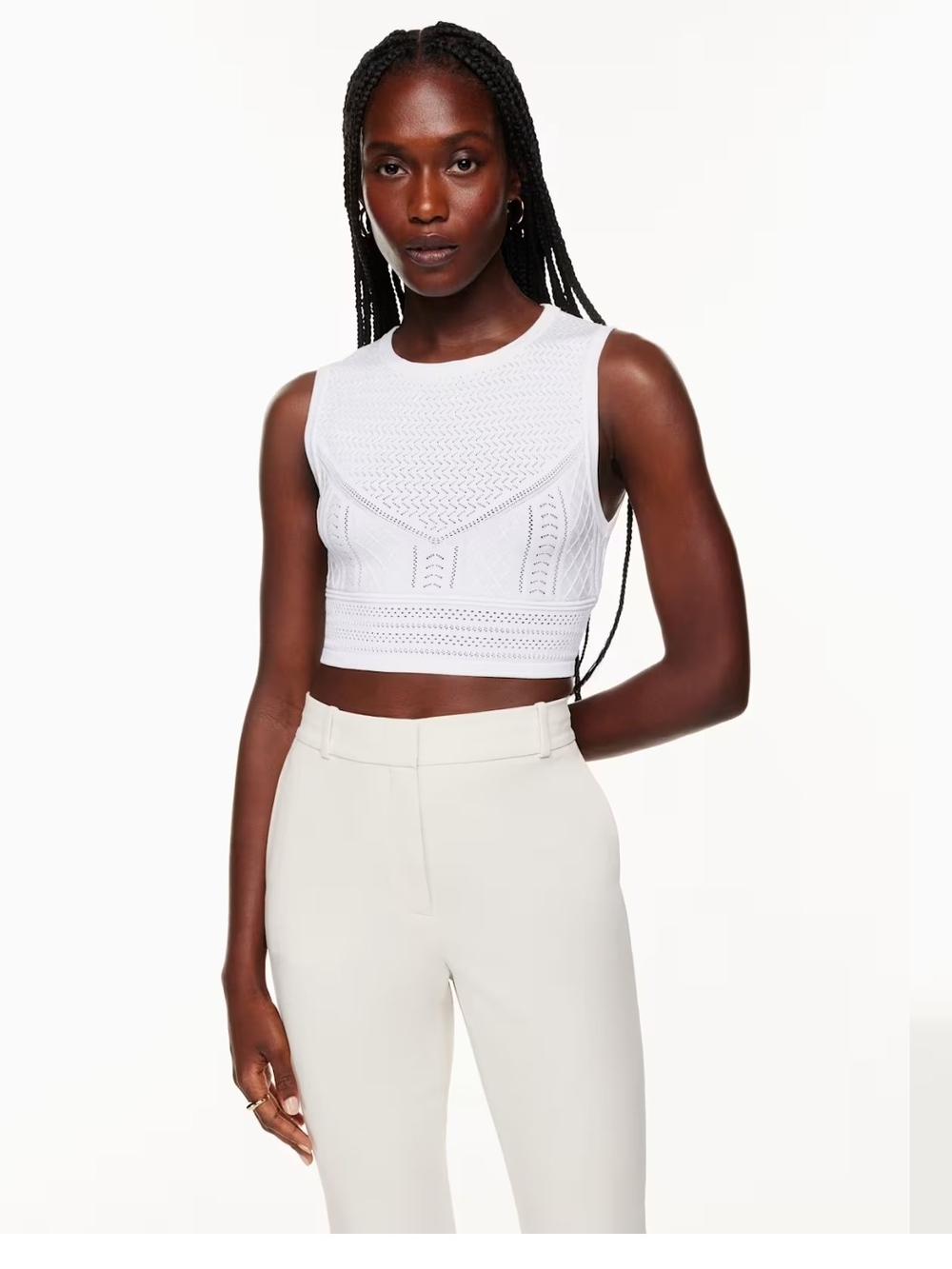Babaton White Sleeveless Crochet Knit Crop Top Pointelle Tank Layer Fall Autumn - Picture 5 of 9